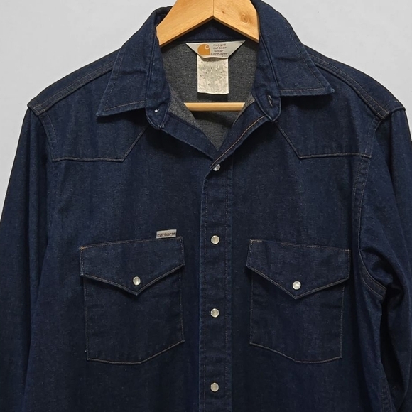 Vintage 90s Men's Carhartt Denim Western Pearl Snap Shirt Rugged Outdoor Work - Picture 11 of 12